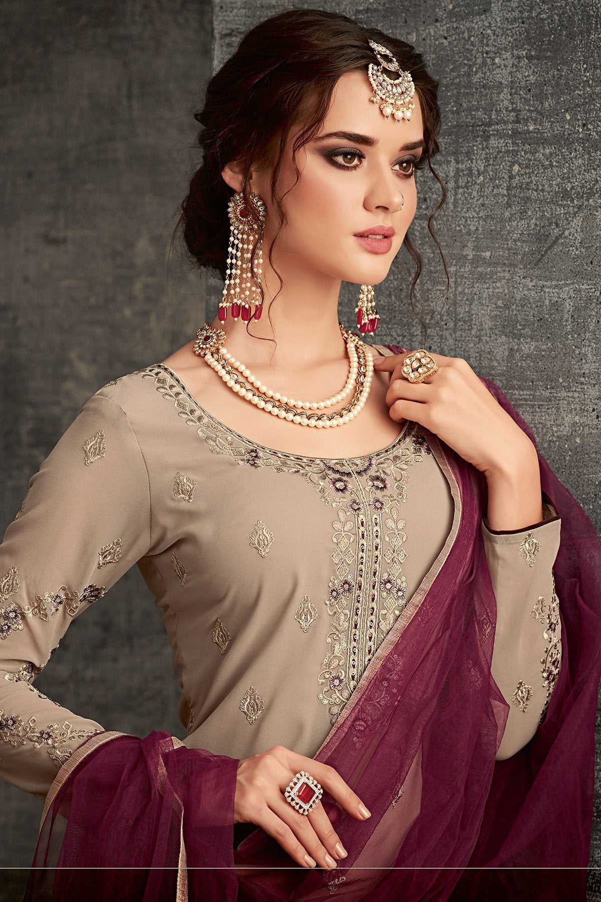 Georgette Sharara suit in light Brown with Purple Dupatta