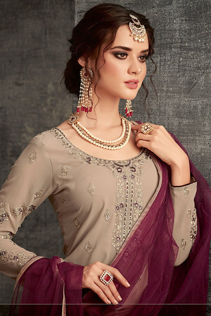Georgette Sharara suit in light Brown with Purple Dupatta