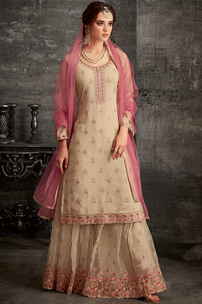 Georgette Sharara suit in light Brown with Pink Dupatta