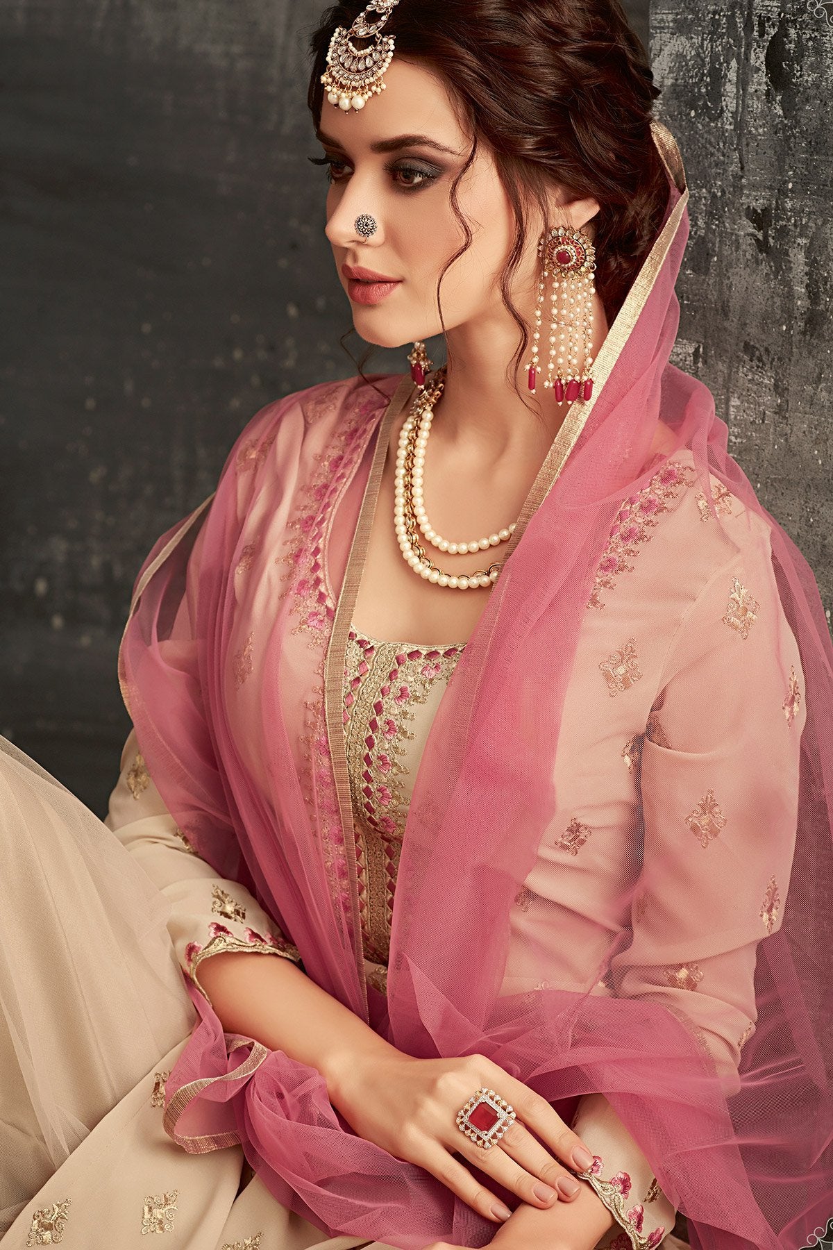 Georgette Sharara suit in light Brown with Pink Dupatta