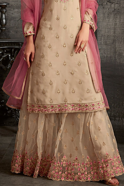 Georgette Sharara suit in light Brown with Pink Dupatta