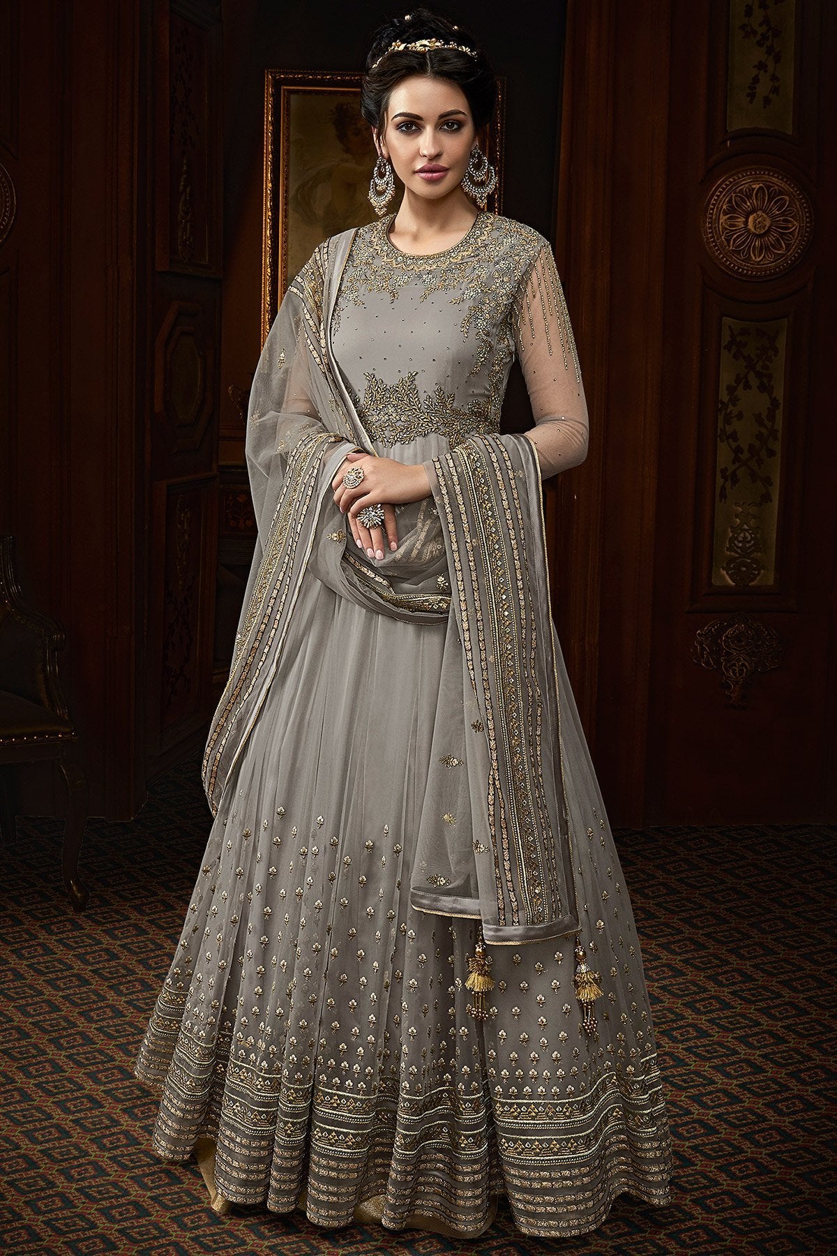 Grey Net Party Wear Designer Anarkali Suit