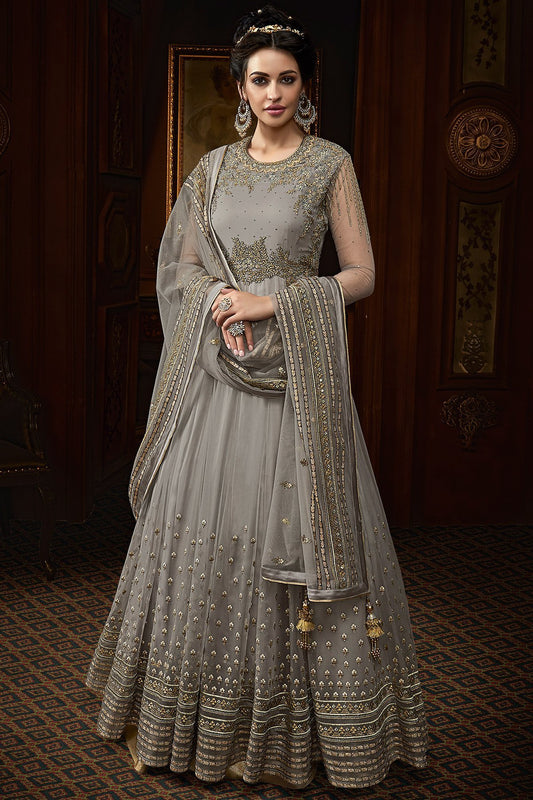 Grey Net Party Wear Designer Anarkali Suit