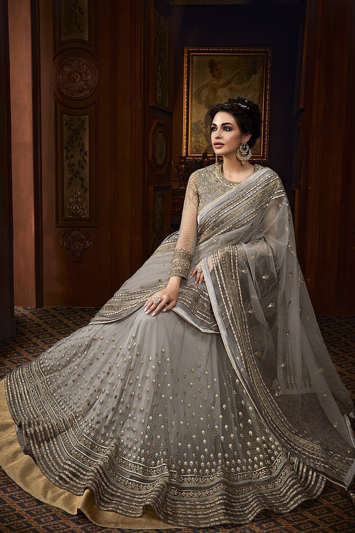 Grey Net Party Wear Designer Anarkali Suit