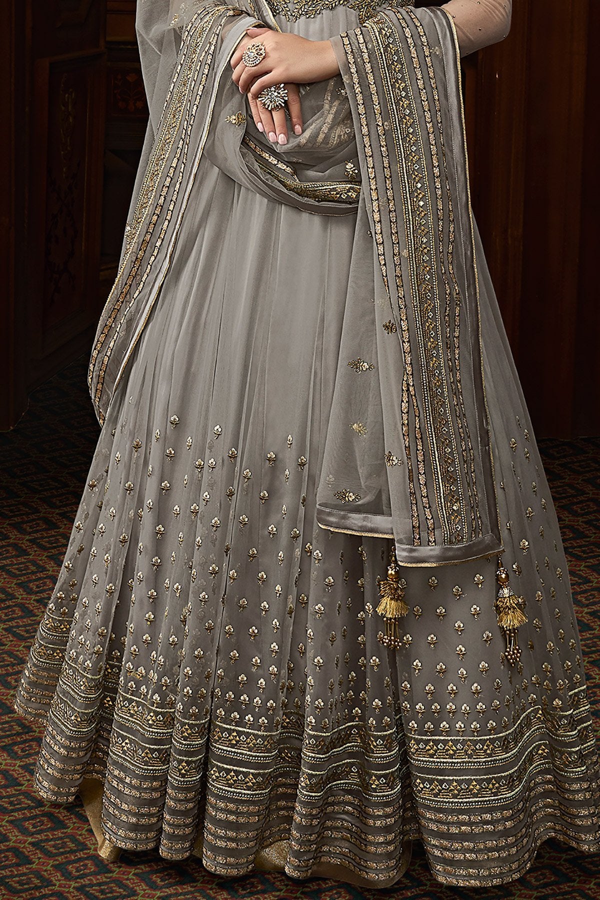 Grey Net Party Wear Designer Anarkali Suit