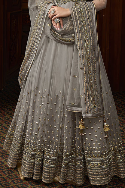 Grey Net Party Wear Designer Anarkali Suit
