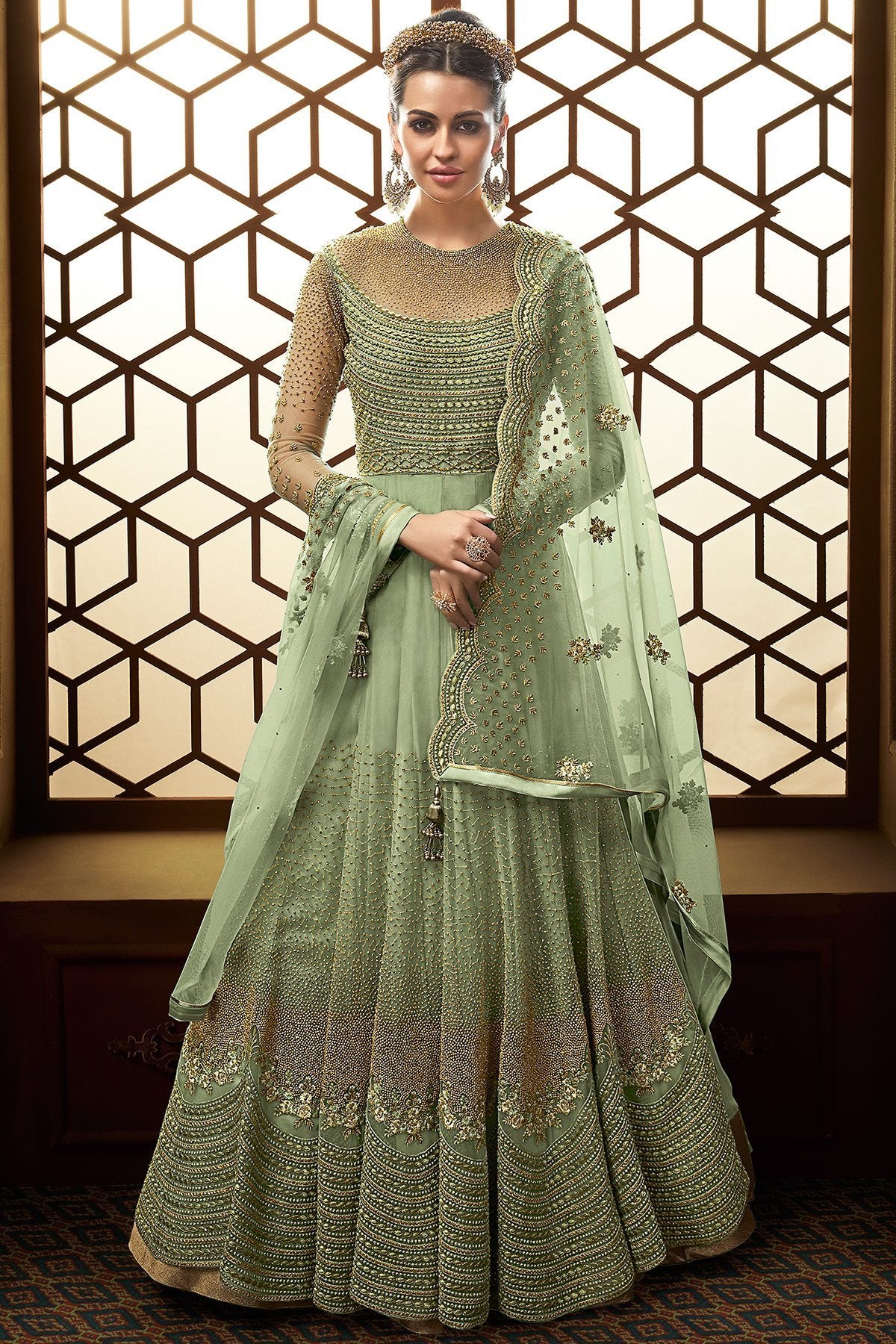 Minty Green Party Wear Designer Anarkali Suit