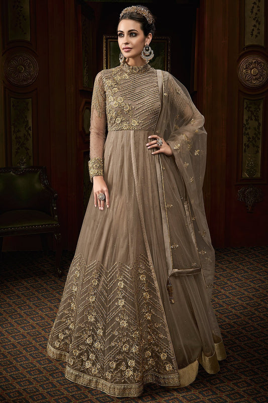 Stone Grey Party Wear Designer Anarkali Suit