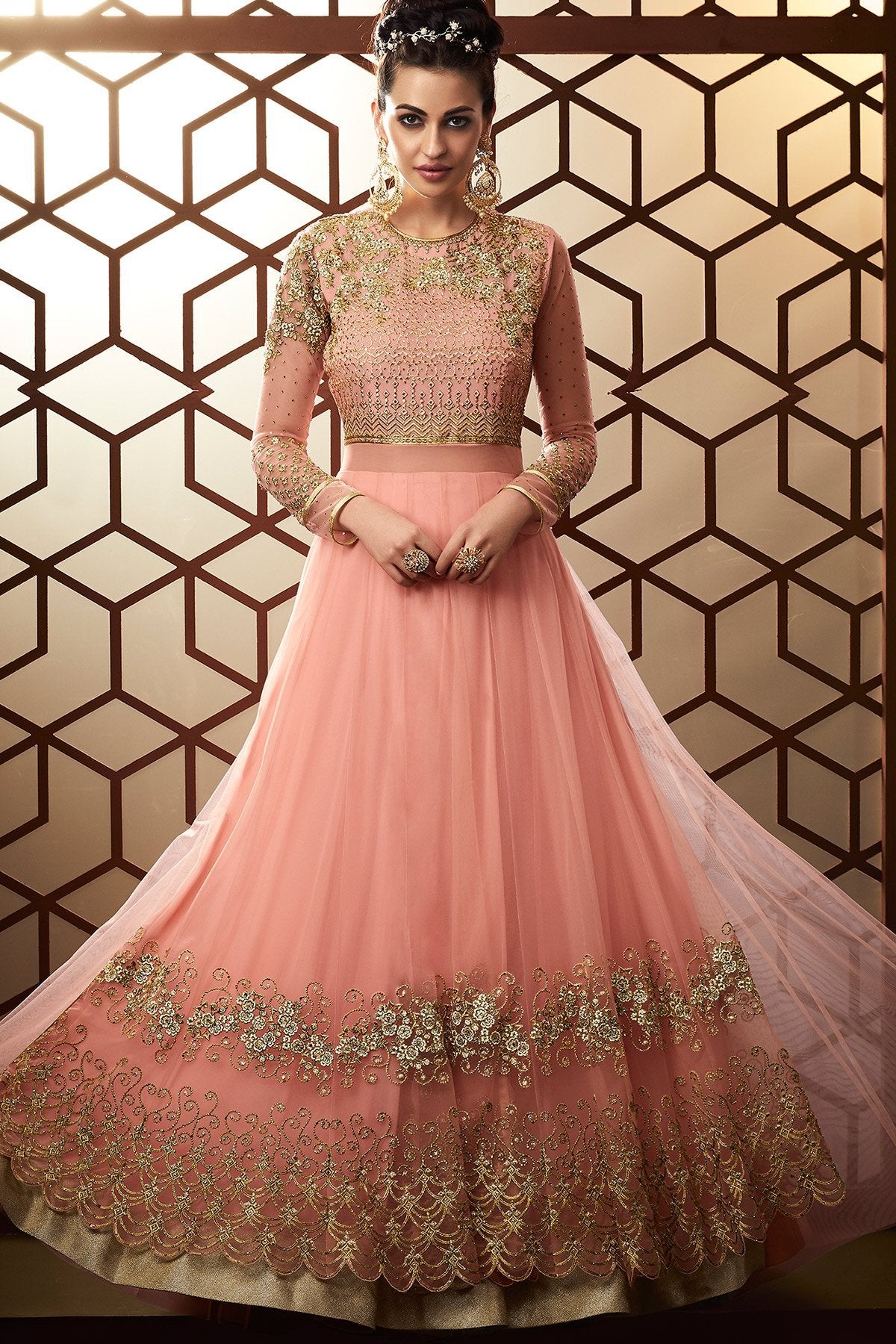 Salmon Pink Party Wear Designer Anarkali Suit