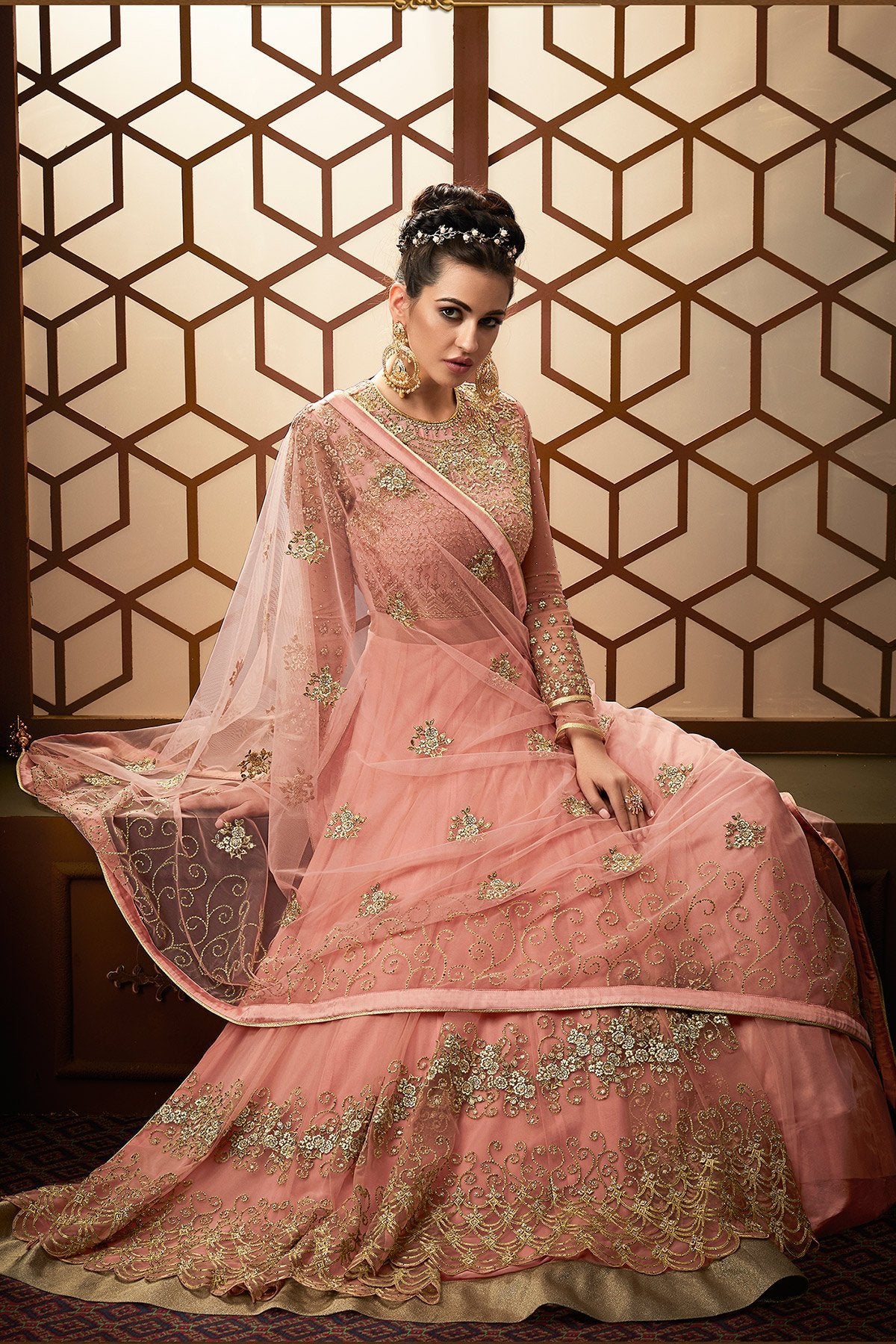 Salmon Pink Party Wear Designer Anarkali Suit