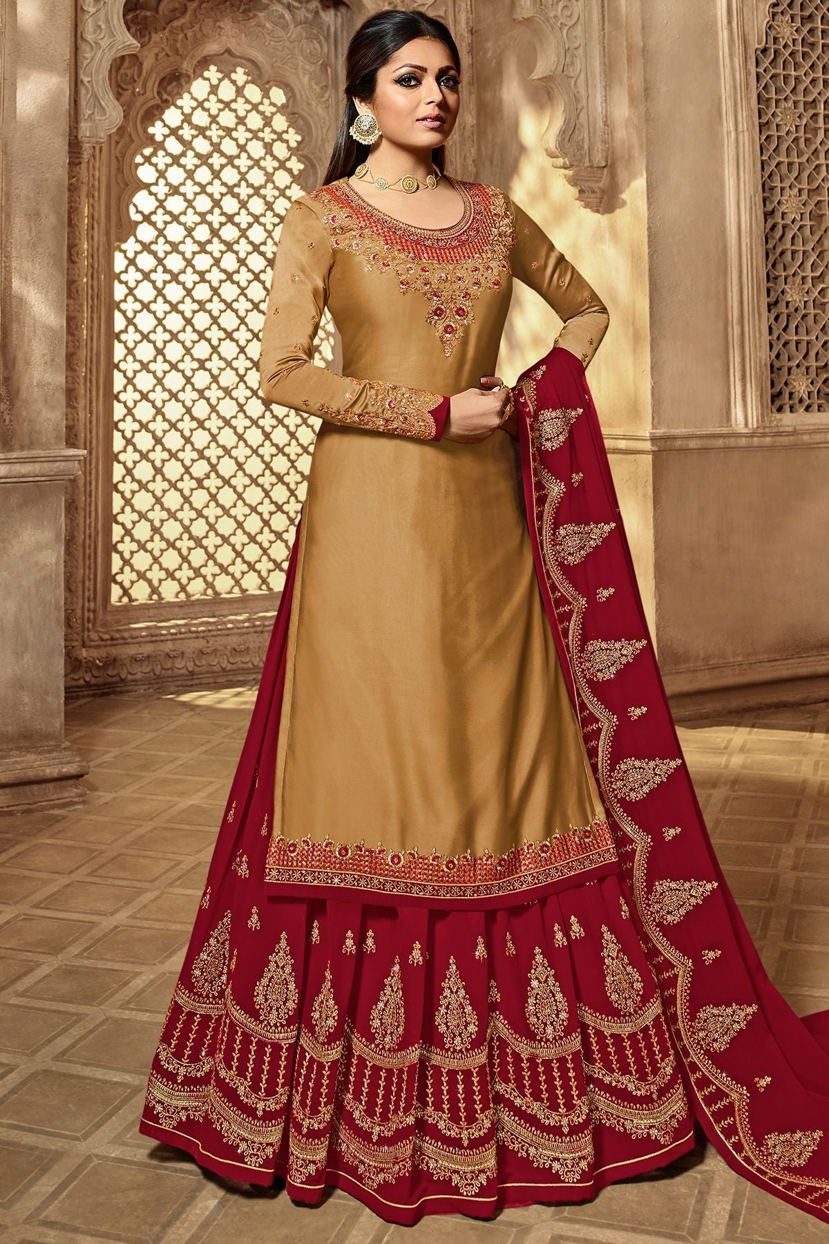 Golden And Red Designer Lehenga Kurti Set