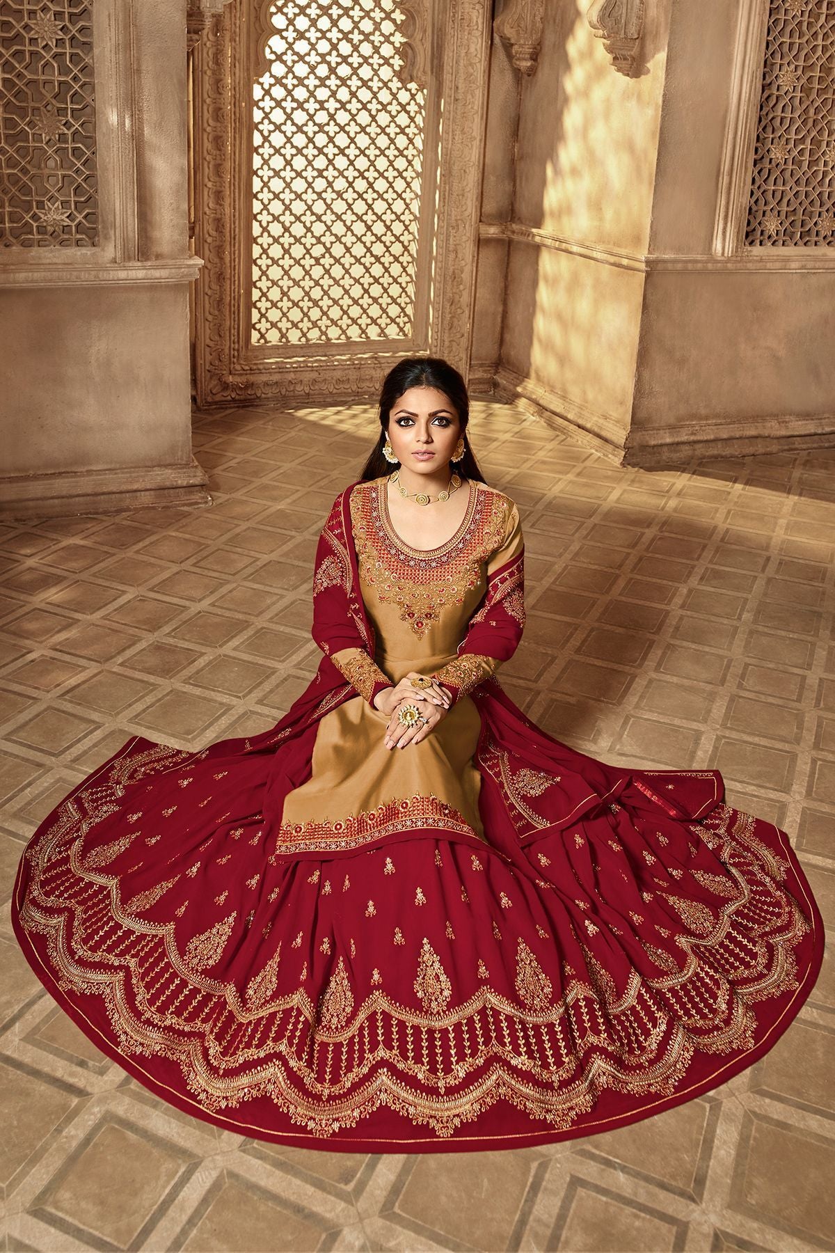Golden And Red Designer Lehenga Kurti Set