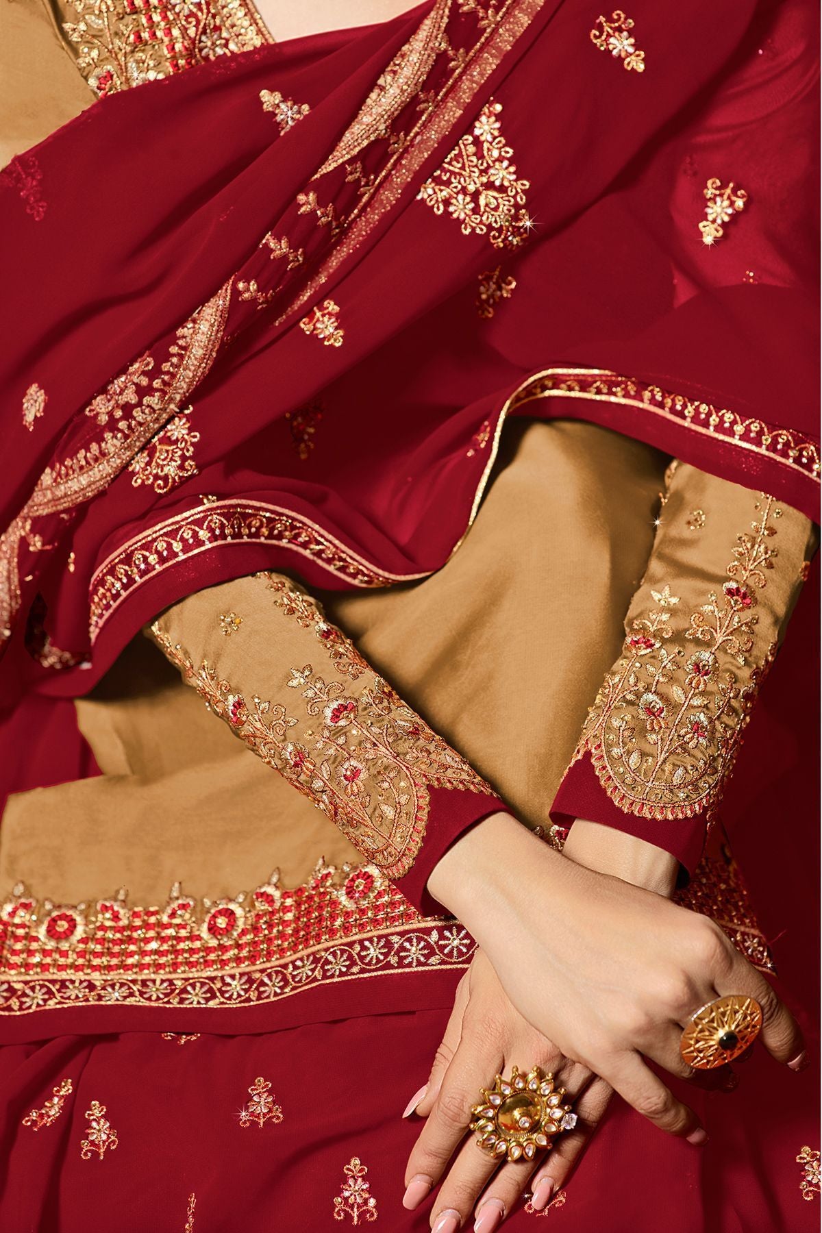 Golden And Red Designer Lehenga Kurti Set