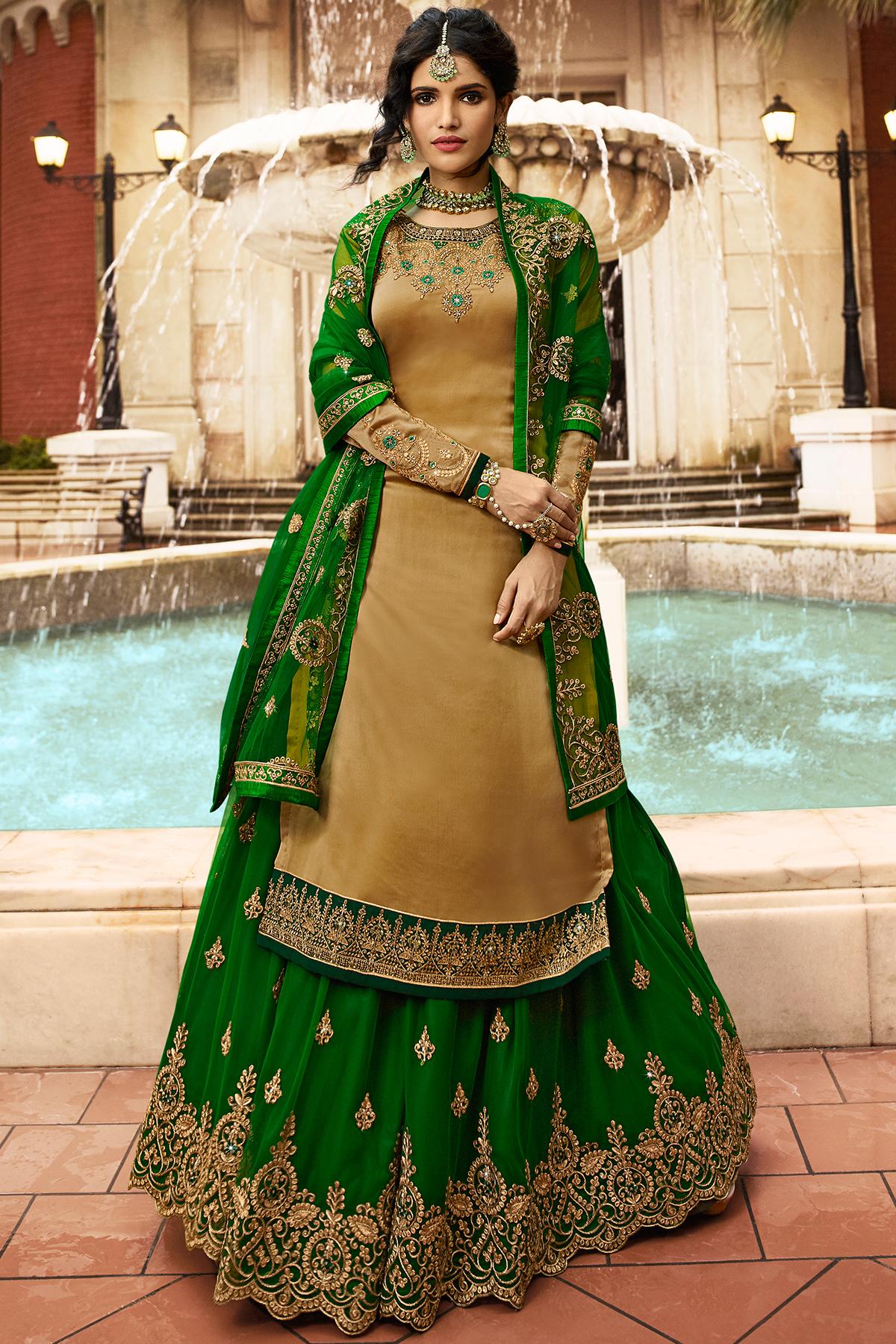 Golden Brown And Green Designer Gharara Suit