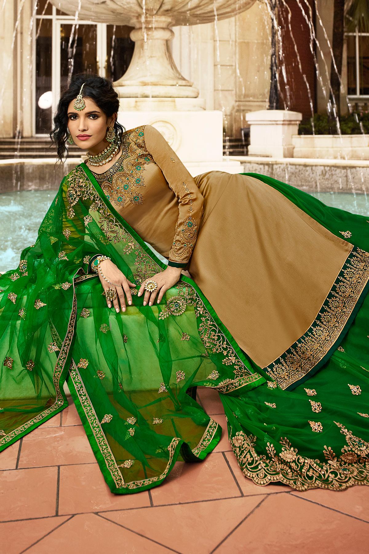 Golden Brown And Green Designer Gharara Suit