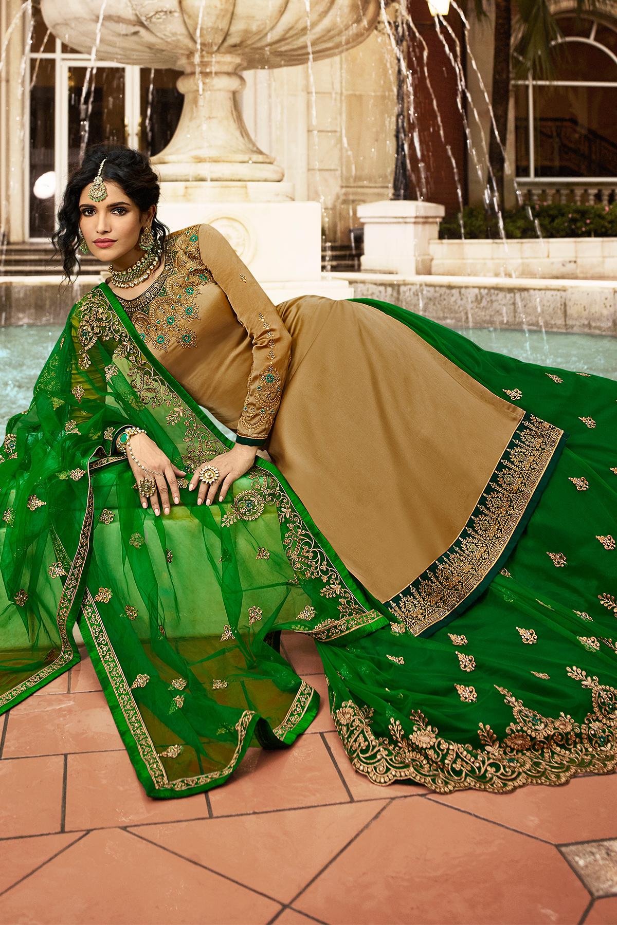 Golden Brown And Green Designer Gharara Suit