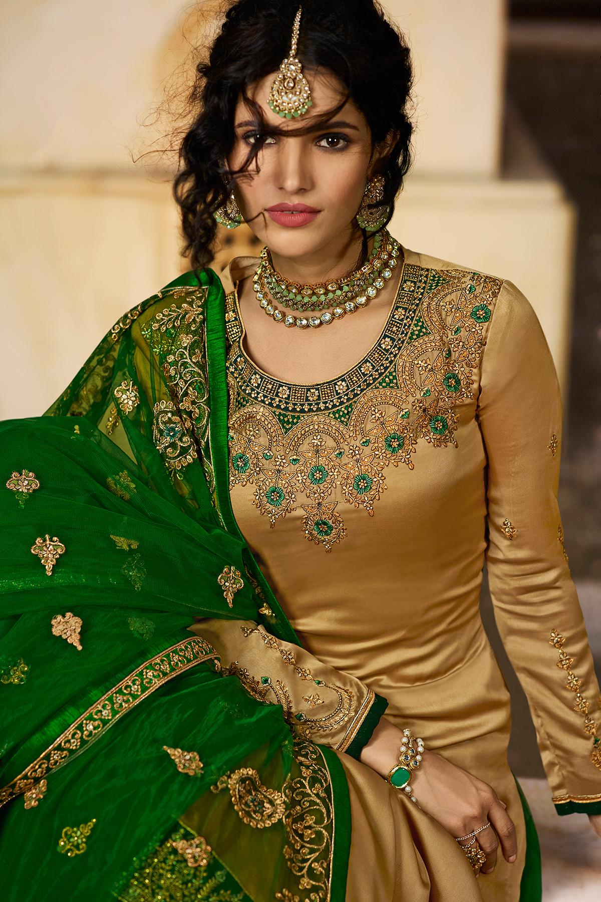 Golden Brown And Green Designer Gharara Suit