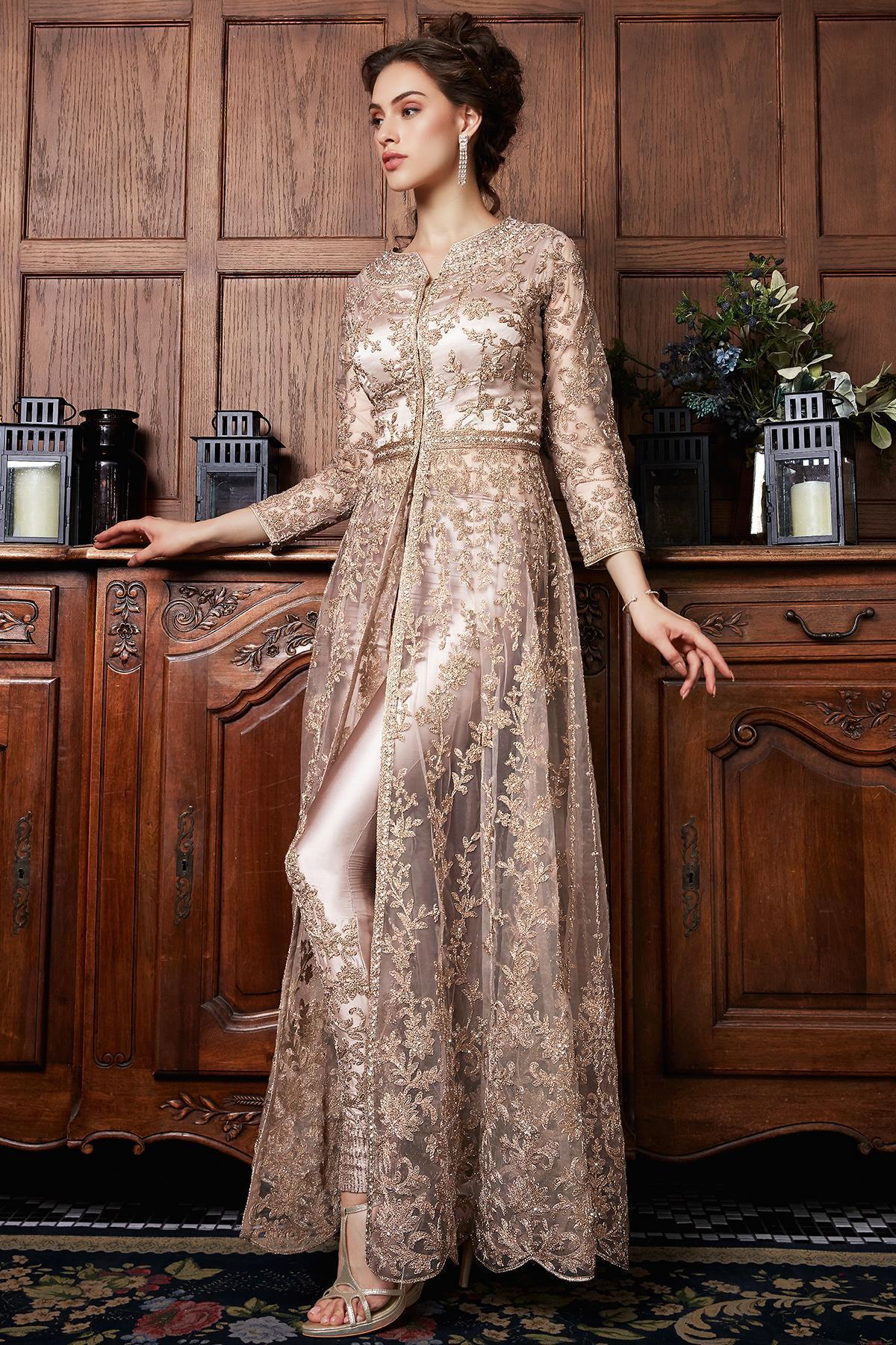 Golden brown Embroidered Designer Anarkali Suit