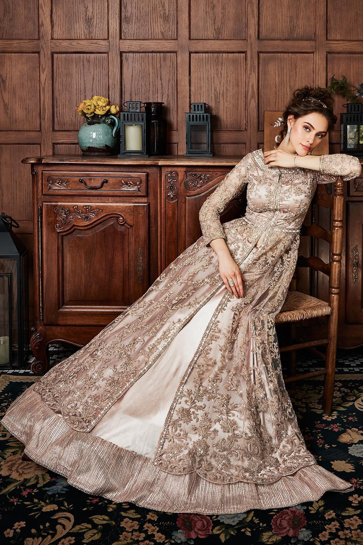 Golden brown Embroidered Designer Anarkali Suit