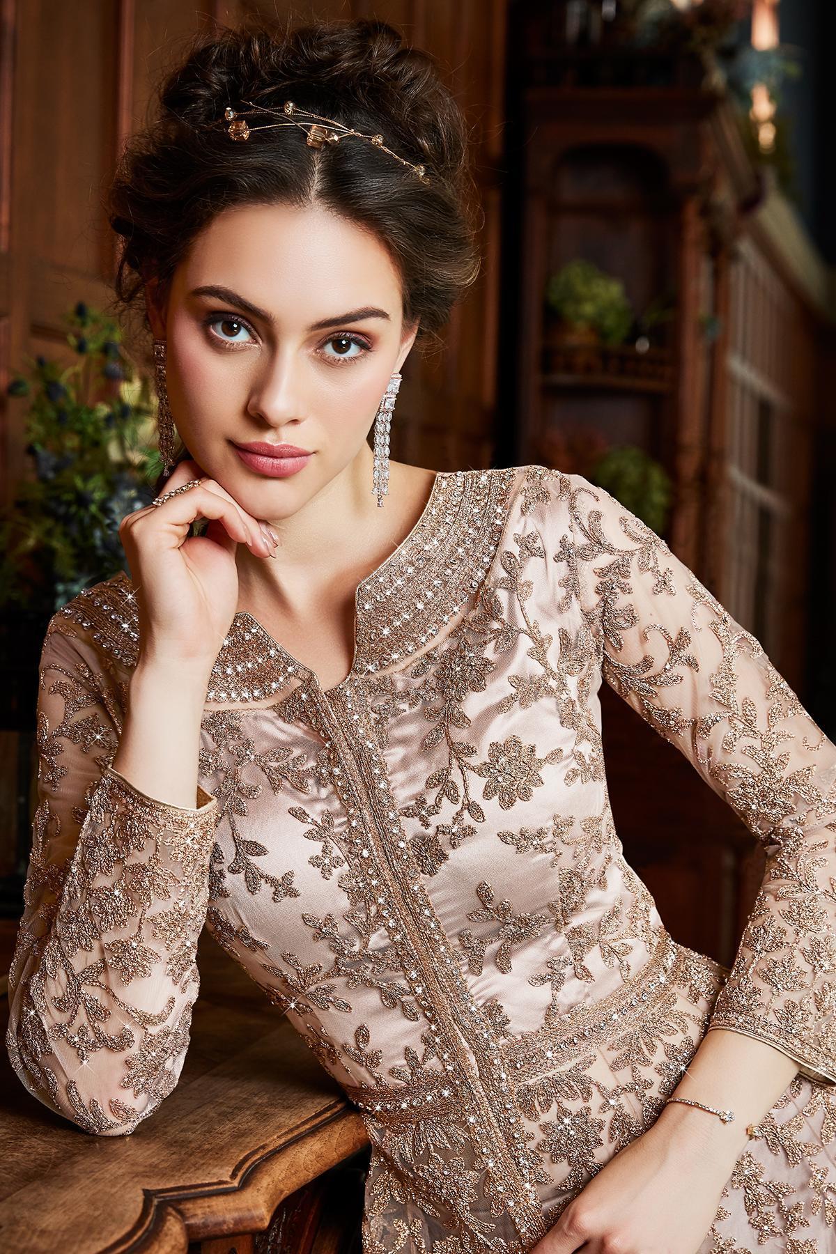 Golden brown Embroidered Designer Anarkali Suit