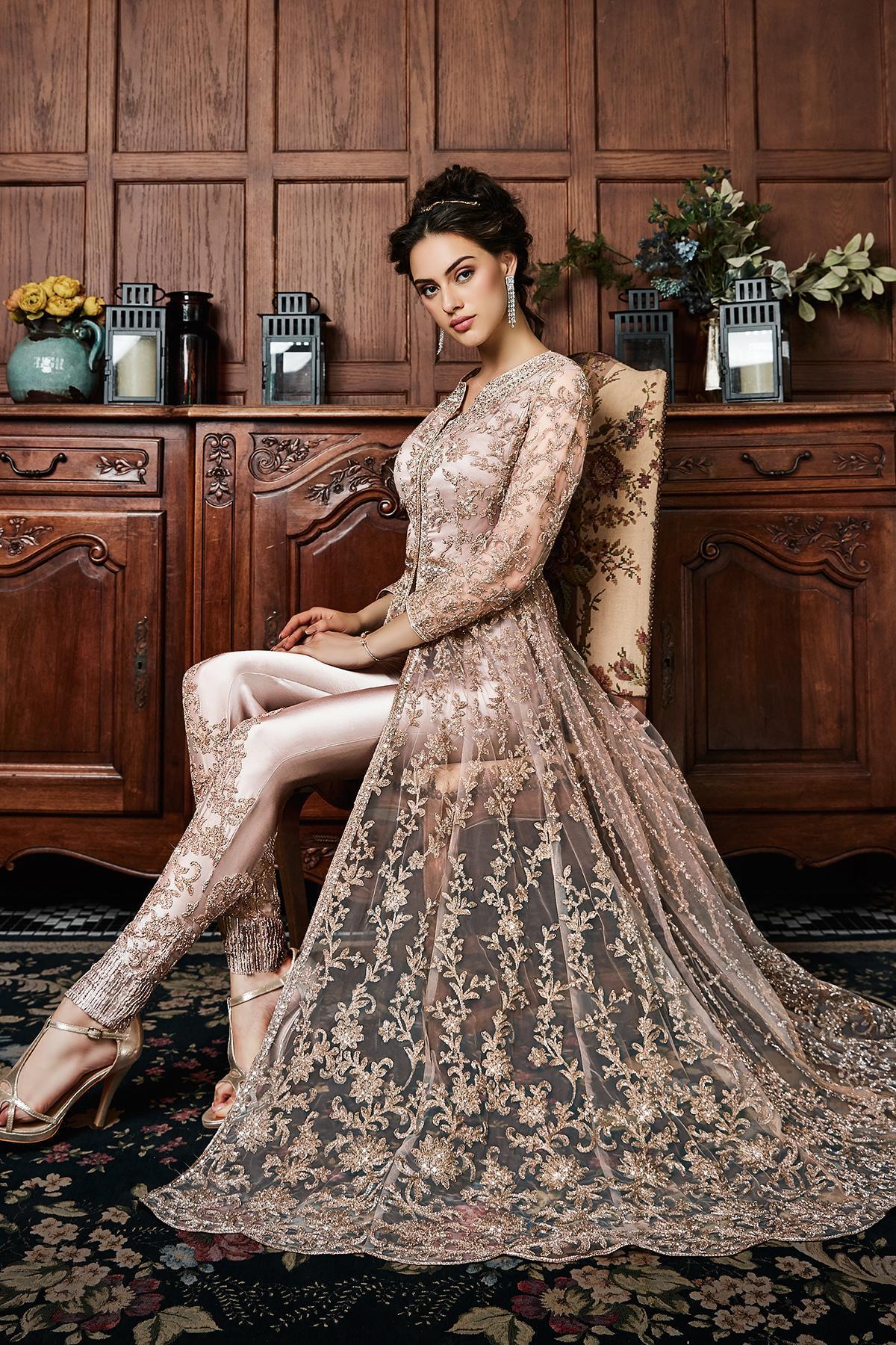 Golden brown Embroidered Designer Anarkali Suit