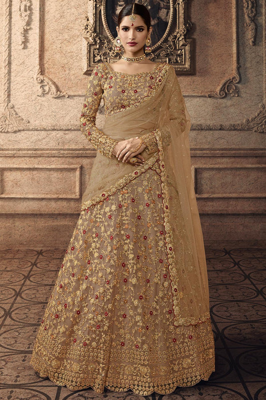 Golden Chiku Designer Net Lehenga Choli Set