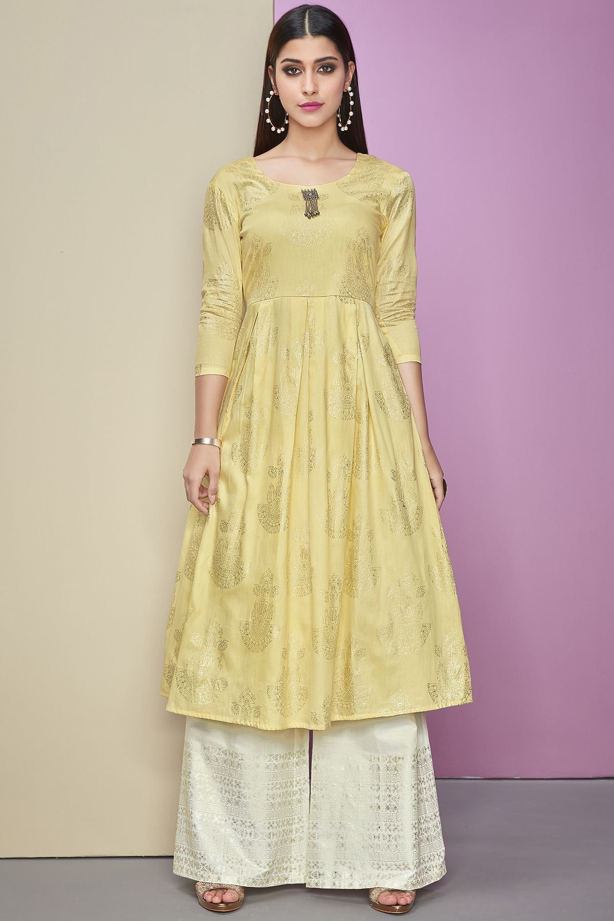 Golden Designer Cotton Satin Kurti With Palazzo