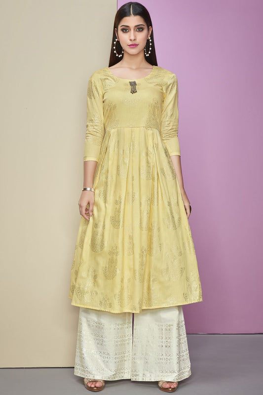 Golden Designer Cotton Satin Kurti With Palazzo