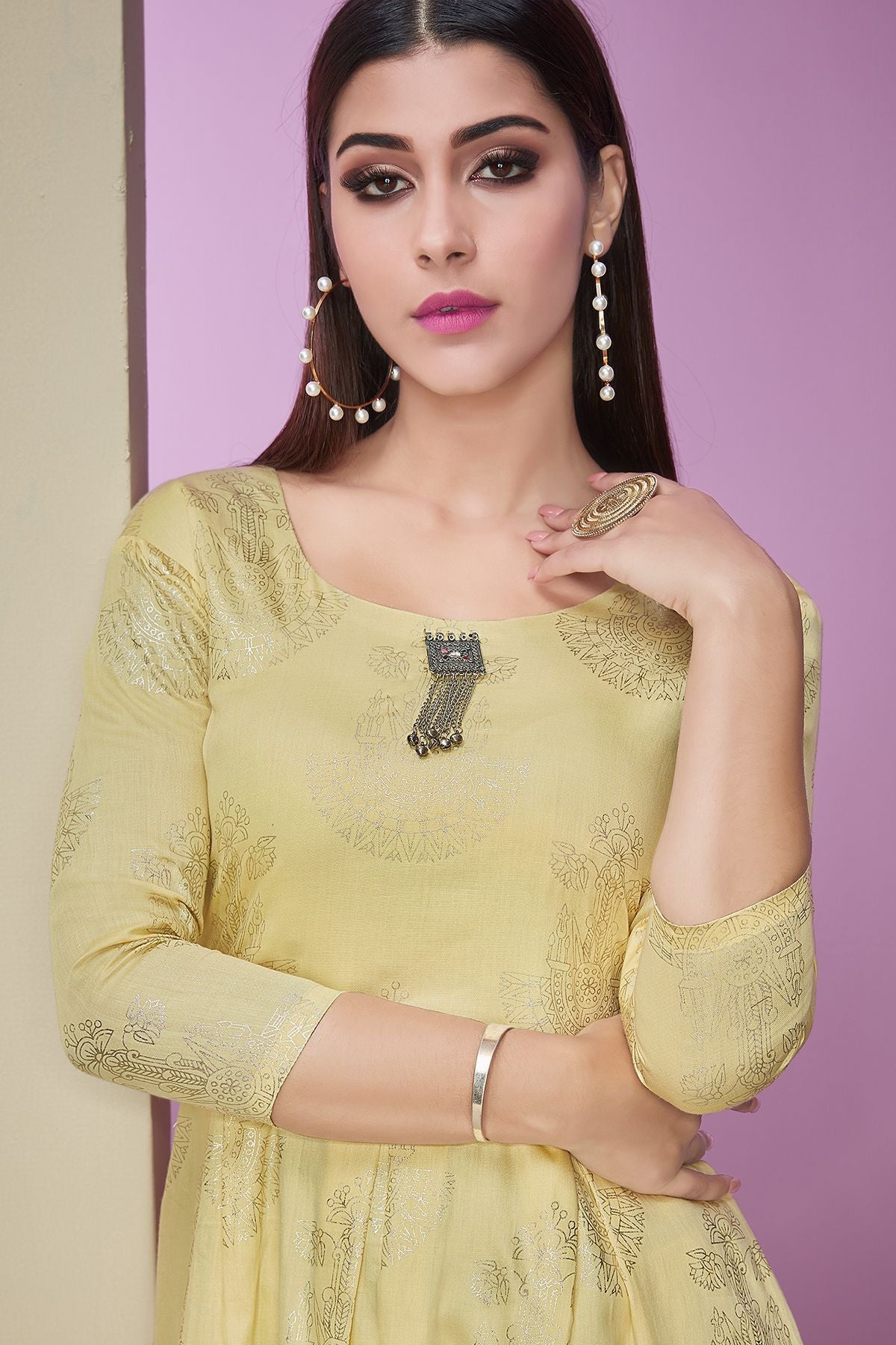 Golden Designer Cotton Satin Kurti With Palazzo