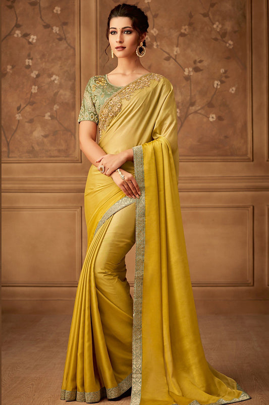 Golden Designer Party Wear Silk Sari
