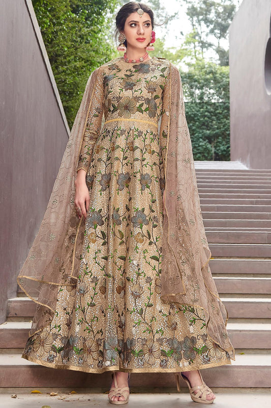 Golden Embroidered Designer Anarkali Suit