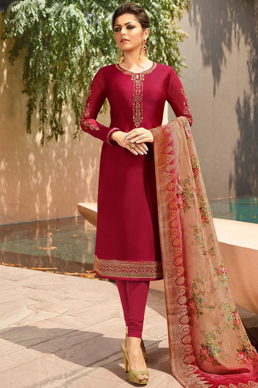Granet Red Georgette Casual Straight Suit