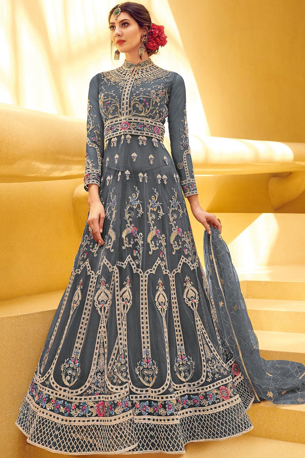 Graphite Embroidered Designer Anarkali Suit