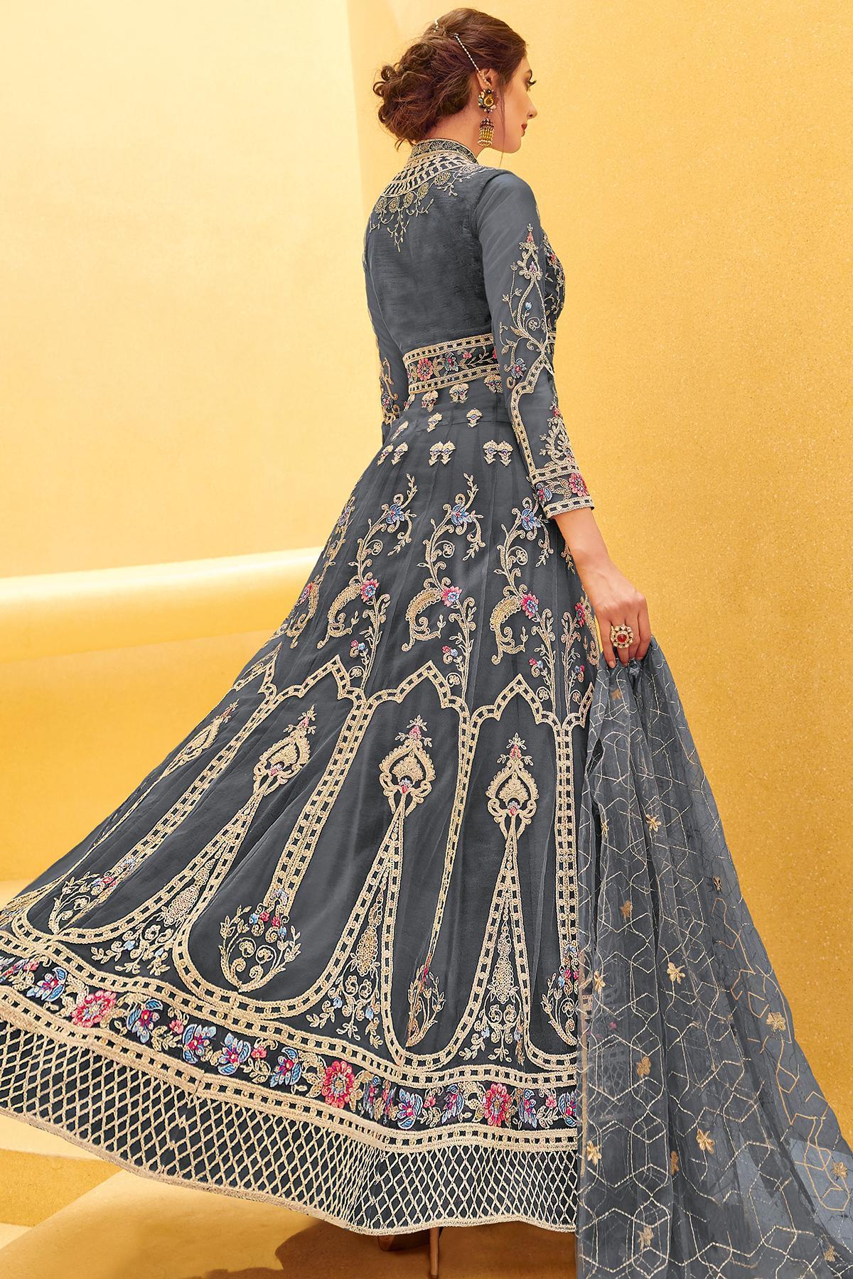 Graphite Embroidered Designer Anarkali Suit