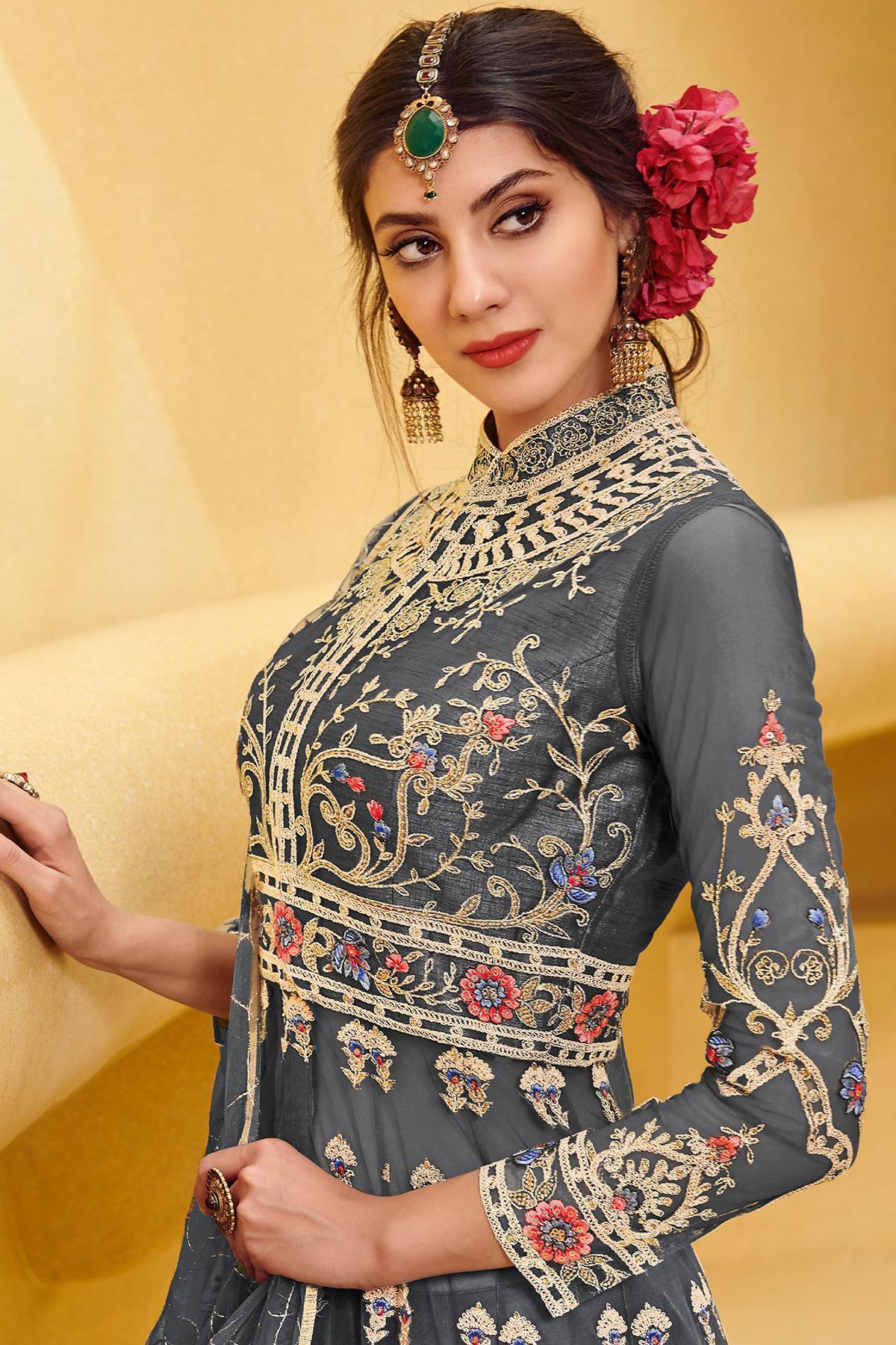 Graphite Embroidered Designer Anarkali Suit