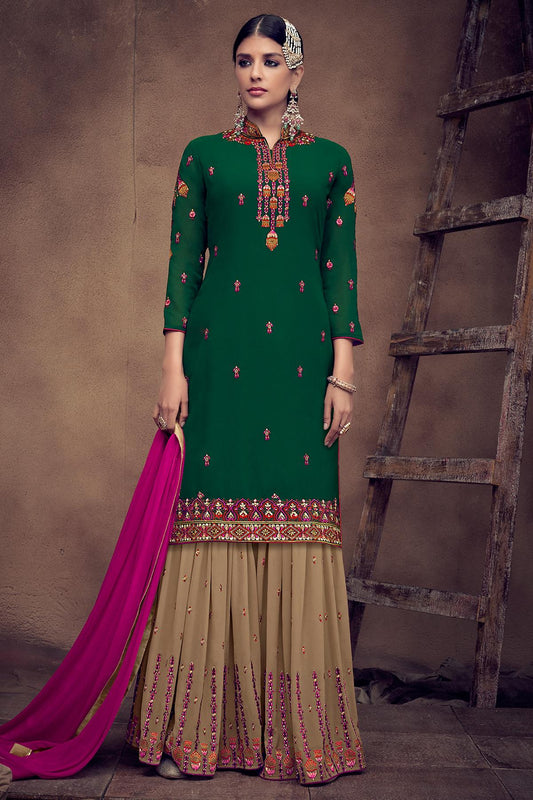 Green And Beige Designer Palazzo Suit