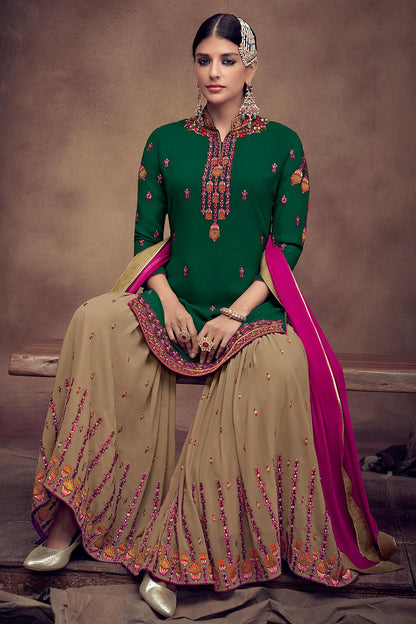 Green And Beige Designer Palazzo Suit