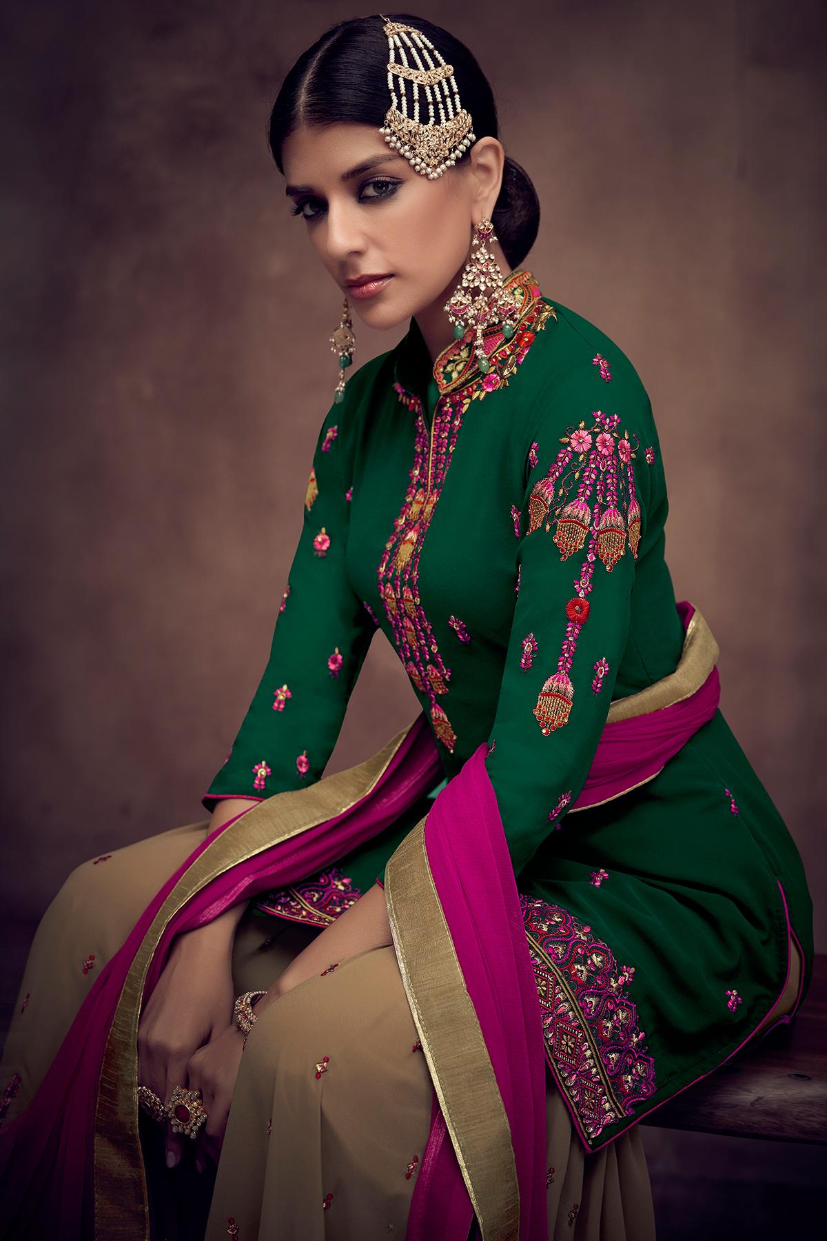 Green And Beige Designer Palazzo Suit