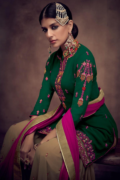 Green And Beige Designer Palazzo Suit