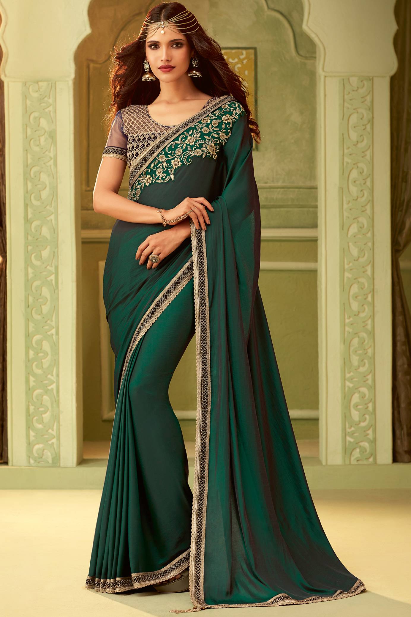 Green And Blue Embroidered Silk Sari