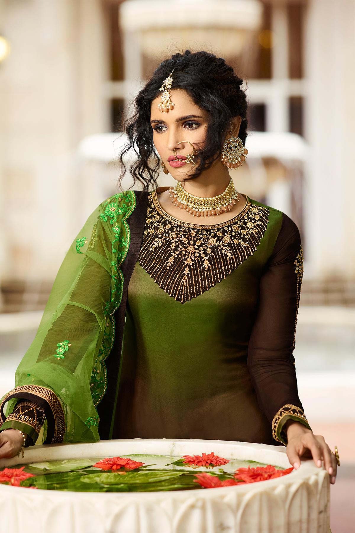 Green And Brown Designer Gharara Suit