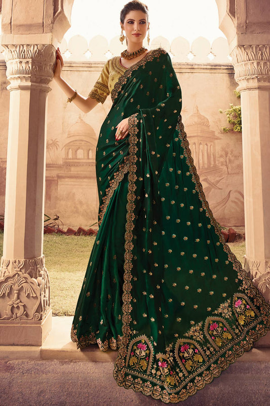 Green and Golden Designer Silk Sari