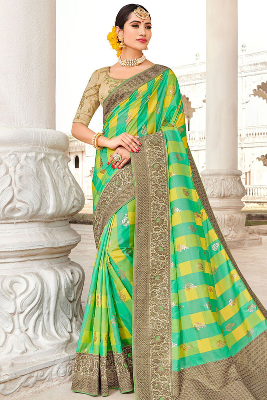 Green and Grey Designer Fancy Fabric Sari