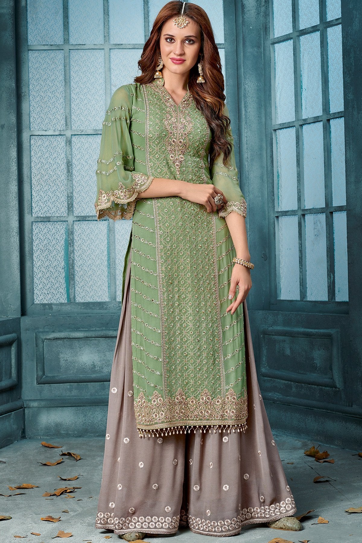 Green And Grey Embroidered Palazzo Suit