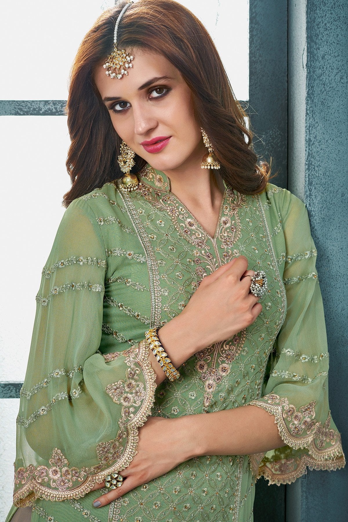 Green And Grey Embroidered Palazzo Suit