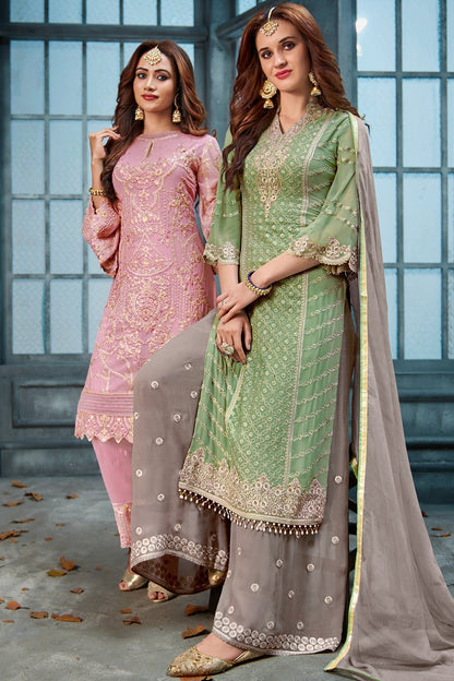 Green And Grey Embroidered Palazzo Suit