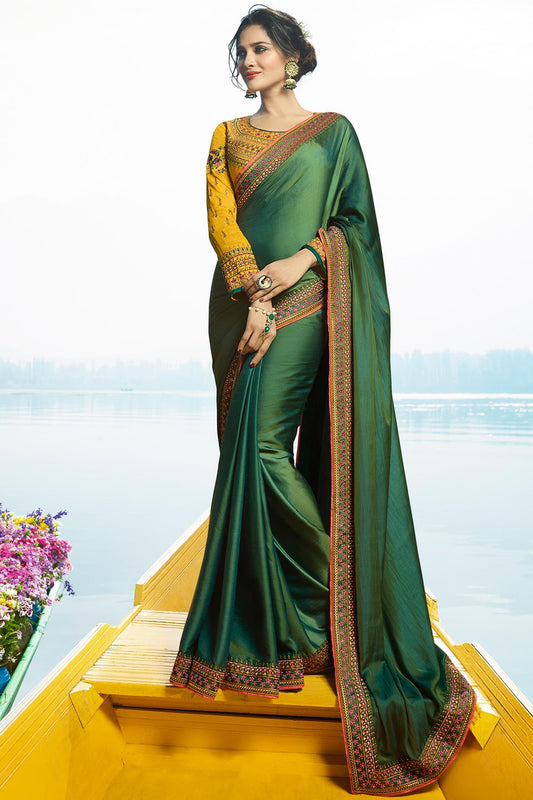 Green and Mustard Designer Silk Sari