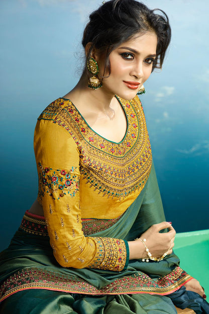 Green and Mustard Designer Silk Sari
