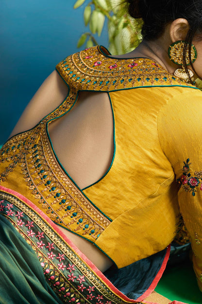Green and Mustard Designer Silk Sari