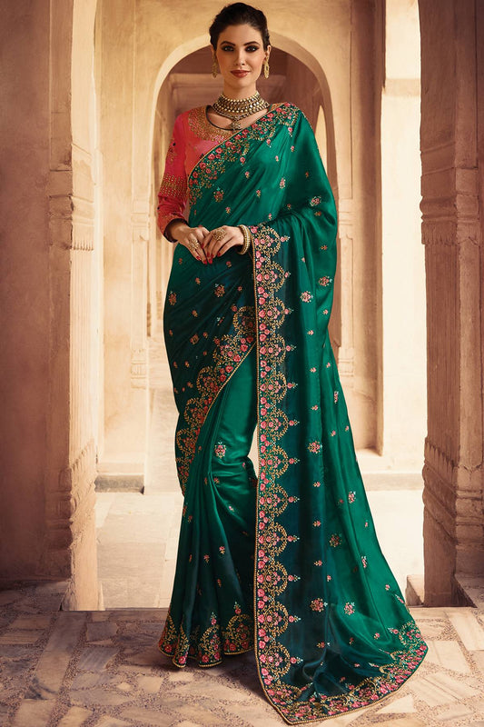 Green and Pink Designer Silk Sari